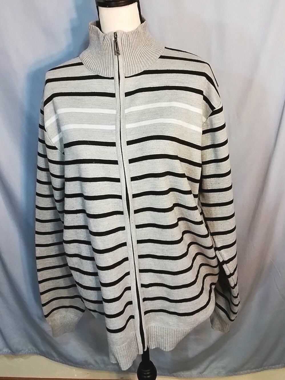 True Rock cardigan , Gray with black and white striper.